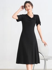 YAMIANNV | Váy midi chữ A cổ chữ V tay ngắn ôm vừa vặn mùa hè cho nữ váy chữ A cotton cao cấp thường ngày váy công sở