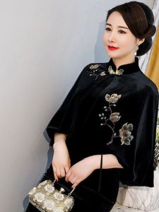 Fashionable Velvet Embroidered Short Cheongsam Jacket Womens Cardigan Outerwear Autumn Winter New Style Slimming Shoulder Shawl