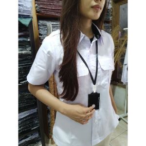 Baju pdh putih wanita slimfit lengan pendek kerah hitam free nama