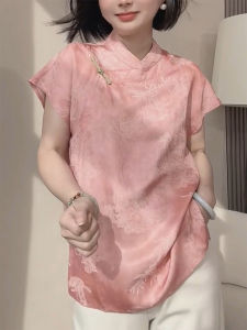 QINGNAER | Elegant Loose Fitting Chinese Style Pink Floral Embroidered Shirt