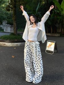 Quần Dài Thường Ngày in Hoa Viền Cho Nữ Mùa Hè Quần Ống Rộng Thoải Mái Cạp Cao Quần Dài Chất Liệu Polyester