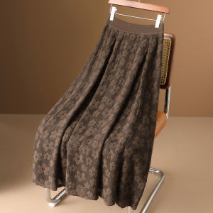 Elegant A-Line Mini Skirt Embroidered Knitted High Waist Slim Fit Long Skirt Spring New Style Gentle Flower Design Polyester Blend