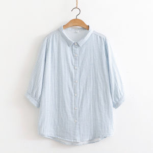 Artistic Cotton Shirt for Women Loose Fit Half Sleeve Summer Work Clothing with Patchwork and Ming Line Decoration Button-up Plaid Shirt