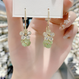 Luxury Zirconium Five-Petal Flower Earrings in Green with Fashionable Korean Style for Women Alloy and Semi-Precious Stone Inlaid