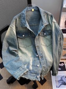 แจ็คเก็ตยีนส์ทรงหลวมสไตล์อเมริกันย้อนยุคสำหรับผู้ชาย ฤดูใบไม้ผลิและฤดูใบไม้ร่วง แจ็คเก็ตแบบสวมสบายสไตล์สตรีท แจ็คเก็ตแบบสวมสบาย