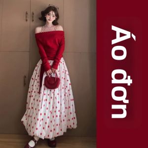 QINWEIYU | Bộ Quần Áo Sơ Mi Trễ Vai Đỏ Hấp Dẫn
