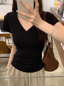 Áo Thun Cotton Đen Cổ Chữ V Tay Ngắn Ôm Vừa Vặn Mùa Hè Cho Nữ Áo Thun Ngắn Bó Sát Thoải Mái Thoáng Khí Mặc Thường Ngày
