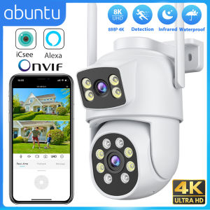 8MP 4K ICsee Wifi Camera Outdoor Dual Lens Dual Screens Surveillance Camera H.265 Human Detection Night Vision Security Cameras