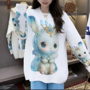 Heavy Duty Glitter Diamond Hooded Womens Sweater Spring Autumn New Style Loose Fit Fashionable Top Cartoon Rabbit Print