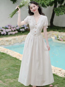 Elegant French Style White Dress Womens High Waist Bubble Sleeve A-Line Skirt Long V-Neck Dress Summer ness Sensation