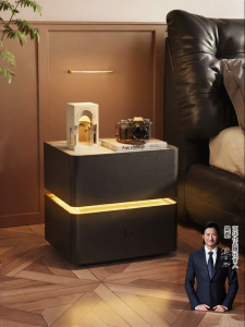 Retro Stone Panel Intelligent Wireless Storage Bedside Cabinet