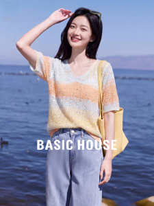 Basic House | Colorful V-Neck Breathable Lace Glitter Short Sleeve Knit Top