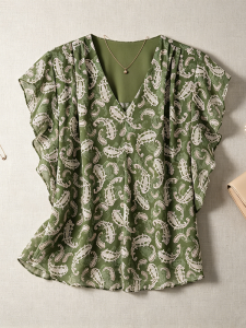 XMO | Thin Batwing Sleeve Printed V-neck Fitted Loosely Womens Blouse