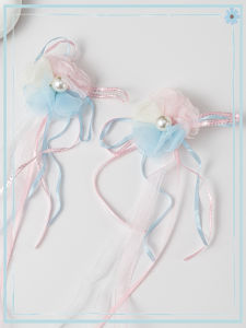 Super Cute Sweet Kids Pink and Blue Small Flower Long Silk Ribbon a Pair of Hairclips Daily Cheongsam Han Dynasty Princess Style Girls Hairpin