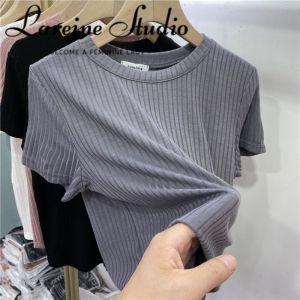 เสื้อ Kemeja Lengan Pendek LAREINE คอกลมลายทางสำหรับผู้หญิงเสื้อสไตล์ลำลอง