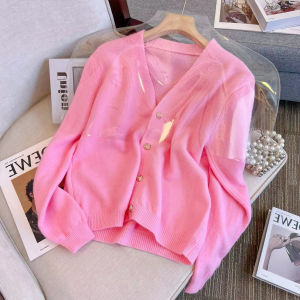 Womens V-neck Long Sleeve Knitted Open Cardigan Sweater Versatile Pink Gentle Style Commute Korean Version Short Length