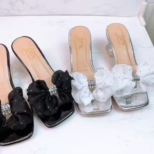 Giày cao gót vuông trong xoắn dự tiệc 6p quai bản trong kết nơ ren chấm đá dép nữ đế cao cao gót nữ G78