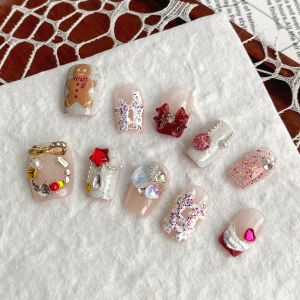 10pcs pure hand pressed short square nail art beautiful fake nails cute Japanese Christmas nail art suitable for women to use