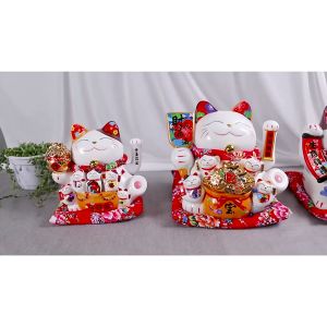 11inch Lucky Cat Decoration Feng Shui Fortune Cat Ceramic Electric Wave Hand Treasure Shop Gift Good Luck招财猫摇手陶瓷摆件(2821)