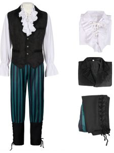 เสื้อเชิ้ตสไตล์โกธิคของผู้ชาย ลูกไม้ ตัดแต่งลายดอกไม้ยุคกลาง เสื้อกั๊ก และลาย กางเกง ชุดประสิทธิภาพพิเศษพอดีกว้าง