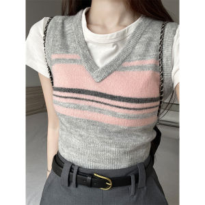 ฤดูใบไม้ผลิ ฤดูใบไม้ร่วง ถักคอวีสไตล์วิทยาลัย เสื้อกั๊ก ผู้หญิง สั้น แขนกุด เสื้อท่อนบน เลเยอร์ ดีไซน์ หลากหลาย เสื้อแจ๊กเก็ตแฟชั่น