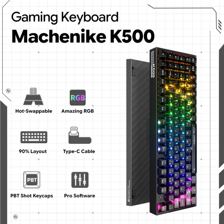 Machenike K500 B94 Wired Mechanical Keyboard, Black Translucent Keycaps, Hot-Swappable, RGB Backlit, 94 keys Gaming Keyboard