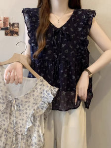 French Style Purple Shirt Anti-Aging Summer New Arrival Loose Fit Polyester Fabric V-Neck Sleeveless Floral Print for Young Women