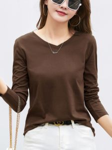 Café Brown Pure Cotton Long Sleeve Womens T-shirt Loose Spring Autumn Korean Style Base Layer Shirt Casual V-neck Top