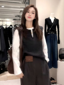 plus Size Korean Style Grey Knitted Vest Fake Two-Piece T-Shirt Autumn Base Layer Shirt Slimming Elegant Top Womens Fashion