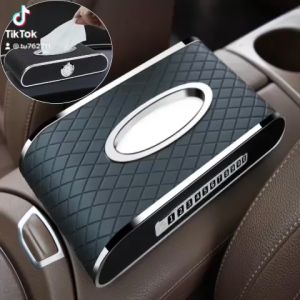 Hộp đựng khăn giấy đa năng dùng trên ô tô xe hơi chất liệu da cao cấp có đồng hồ và bảng ghi số điện thoại khi dừng đỗ xe