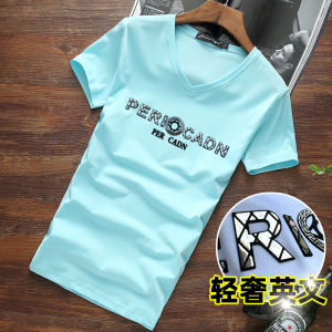 Summer New Fashion Mens T-shirt Pure Cotton V-neck 3D Letter Half Sleeve Slim Fit Youthful Printed Shirt Breathable Anti-wrinkle