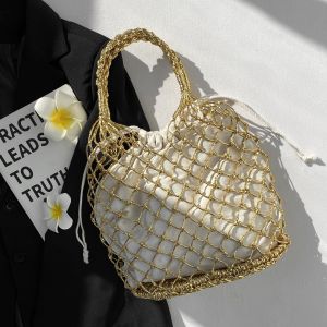 Modern Neutral Style Hand-Knitted Bag Silver And Gold Thread Hand-Tied Beach Bag Womens Fashionable Natural System Handbag