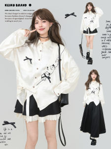 KEIKO | Áo Sơ Mi Phụ Nữ Trắng Thêu Mèo Phong Cách Trung Quốc Mới Cổ Xéo Bóng Đẹp