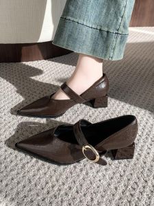 Giày Cao Gót Mũi Nhọn Kiểu Pháp Cho Nữ Mùa Xuân Hè Đế Dày Khóa Mary Janes Giày Cao Gót Màu Đen Đa Năng Phong Cách Mới 2025