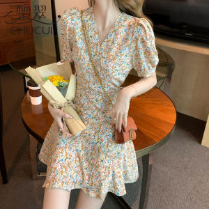 Elegant Floral Print Chiffon Dress Womens Summer Short Sleeve High Waist Bubble Sleeve A-Line Mini Dress Korean Style