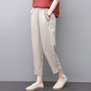Summer Thin Cotton Linen Casual Pants Women Loose Versatile Embroidered Harlan Vintage Cabbage Straight Nine Points Pants