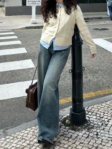 American High Street Retro High Waist Wide Leg Jeans Women Loose Slimming Draping Pants Casual Washed Denim Spring 2025