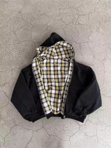2025 New Casual Retro Zipper Hoodie Gothic Blue Striped Plaid Front and Back Two Sweatshirt 90s Hip Hop Loose Gray Sweatshirt
