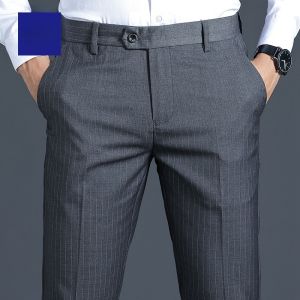 Romon Mens Business Casual Slim Fit Elastic Waist Summer New Style Pants Striped Long Trousers Polyester Viscose Spandex