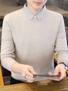 HENGYUANXIANG | Casual Knitted Shirt Collar Sweater Fake Two-Piece Mens Autumn Winter Polyester Rayon Nylon Blend Anti-Wrinkle Fashionable