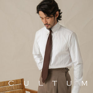 Cultum Mens Long Sleeve Casual Shirt Luxury Business Cotton Piqué Neck Button Shirt Texture Stripe Slim Fit Autumn Wear
