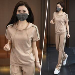 Heavyweight Casual Rhinestone Sports Set Womens Summer New Fashion Breathable Cotton Short Sleeve Anti-aging Two-piece Set