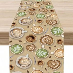 1 Piece Coffee Theme Table Runner Farmhouse Retro Brown Coffee Cup Tea Party Country Coffee Table Center Decoration Holiday Party Indoor and Outdoor Desktop Decoration