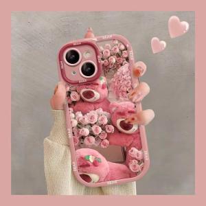 เคสโทรศัพท์ลายดอกกุหลาบสีชมพู ลายหมีสตรอเบอร์รี่ ดีไซน์น่ารัก สำหรับ iPhone 17/16/15/14/13/12/11promax ดีไซน์น่ารัก ดีไซน์น่ารัก