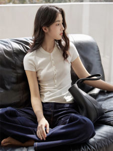 Áo Thun Nữ Cổ Henry Tay Ngắn Dệt Kim Màu Trắng Kiểu Pháp Cổ Điển Mùa Hè Ôm Vừa Vặn Mặc Trong Và Ngoài