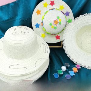 หมวกไหมพรม DIY วาดภาพ ตกแต่งผนังห้องเรียน หมวกฤดูร้อนแบบสวมสบายสำหรับเด็ก หมวกทรงกลม หน้ากว้าง ปีกกว้าง หมวกวาดภาพ