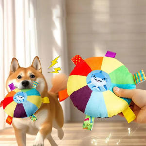 Funny Animal Pattern Dog Plush Sound Toy Rainbow Plush Flying Saucer Dogs Toys  Outdoor Interactive Toys