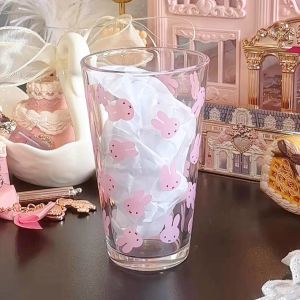 Cute Rabbit Miss Glass Cup Korean Style Cartoon Print Milk Coffee Cup Pink Girl Heart Printed High Aesthetic Value Water Cup