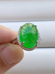 Natural Icy Chalcedony Ring Womens Emerald Jewelry Jasper Color Inlaid Gemstone Ice Green Agate Ring