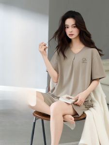 MiiOW | Bộ đồ ngủ cotton mùa hè cho nữ MiiOW Áo thun cổ chữ V tay ngắn Quần ngắn Áo phông thoải mái thoáng khí Bộ đồ ngủ